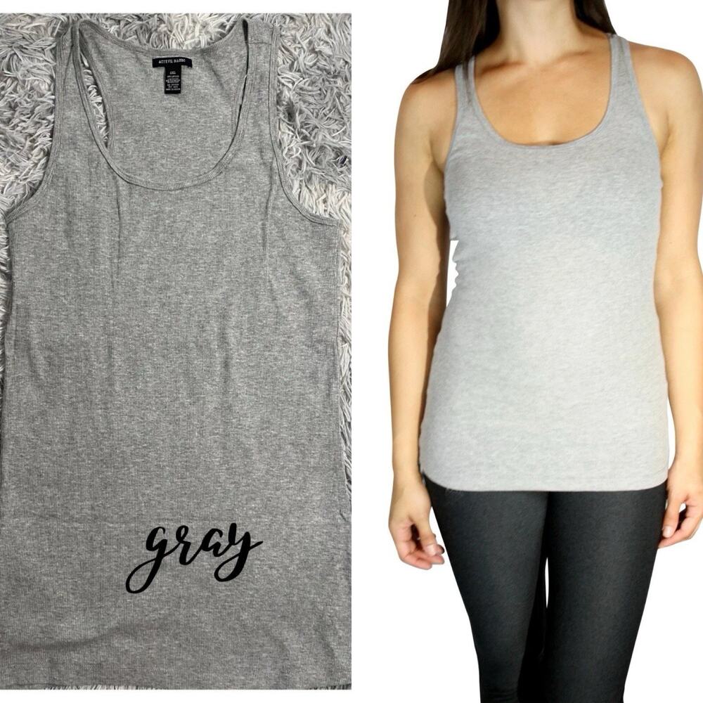 2-pc ACTIVE BASIC Scoop‎ Neck Racerback Rib Tank Top Women Gray 2X